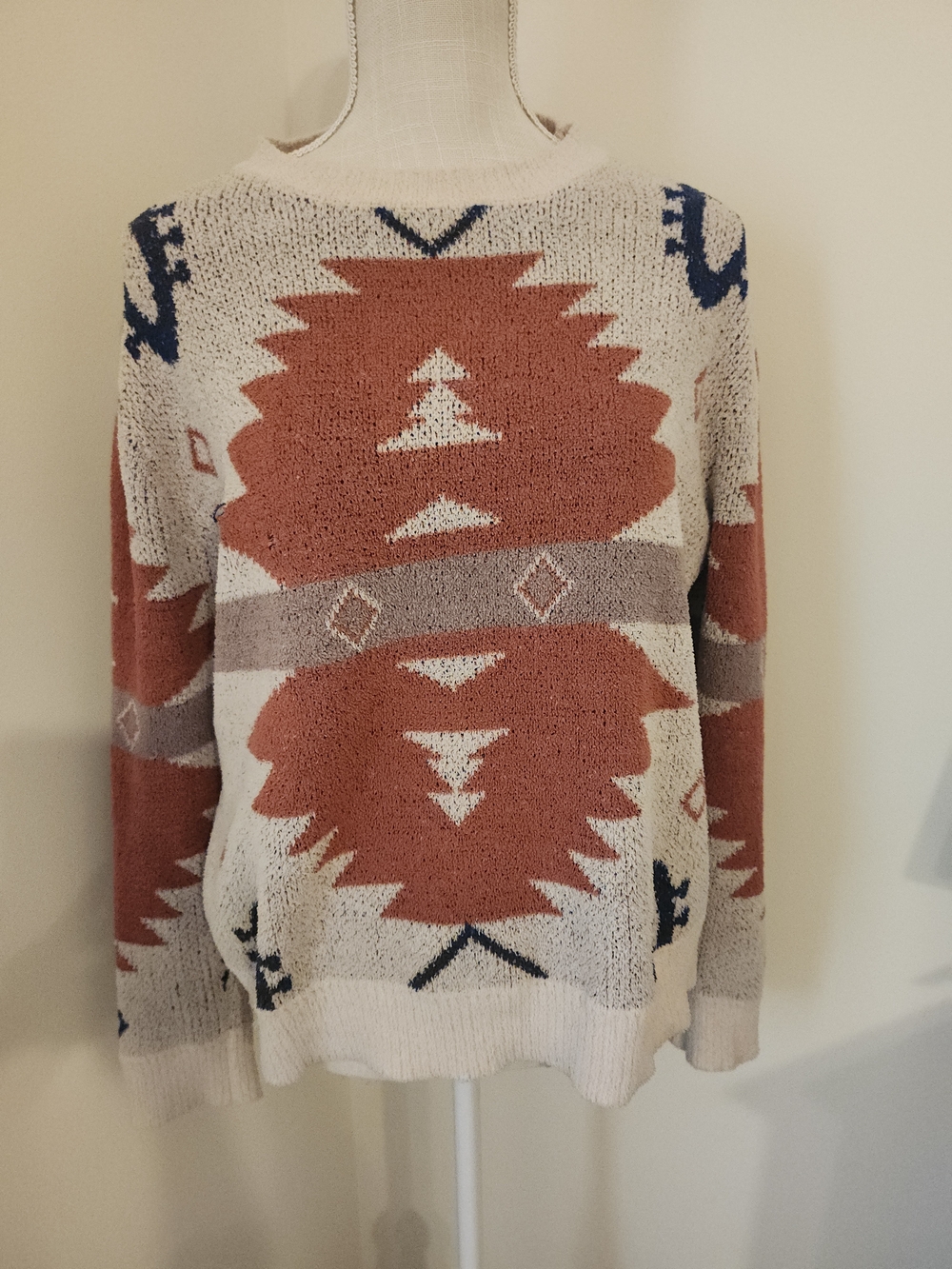 Main Strip Aztec-Inspired Crewneck Sweater in Rust, Cream & Navy